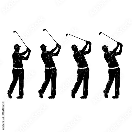 Male golf swing silhouette vector set showing full swing motion phases