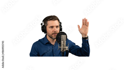 man podcast host recording audio with microphone and headphones