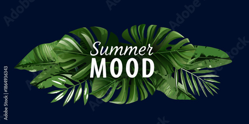 Tropical leaves with summer mood typography on a dark blue background