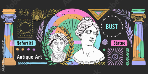 Classical art elements including nefertiti bust columns and geometric shapes design
