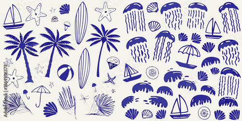 A collection of blue and white hand drawn summer and ocean themed illustrations