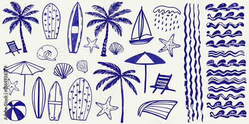 A collection of hand drawn summer and beach themed illustrations in blue