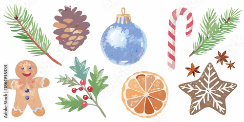 Watercolor christmas elements pine branches ornaments gingerbread and dried citrus