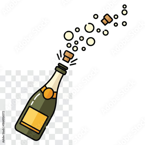 Cartoon champagne bottle popping with bubbles and celebratory sparkles and spray.