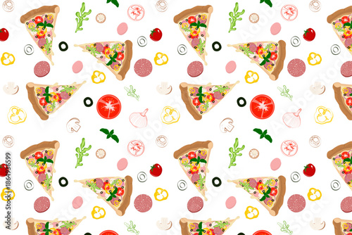 Seamless pattern with tasty pizza slices and fresh ingredients like tomatoes, mushrooms, and olives on a white background. Vibrant fast food illustration for kitchen and cafe decor.