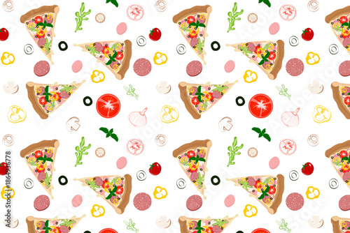 Seamless pattern with tasty pizza slices and fresh ingredients like tomatoes, mushrooms, and olives on a white background. Vibrant fast food illustration for kitchen and cafe decor.