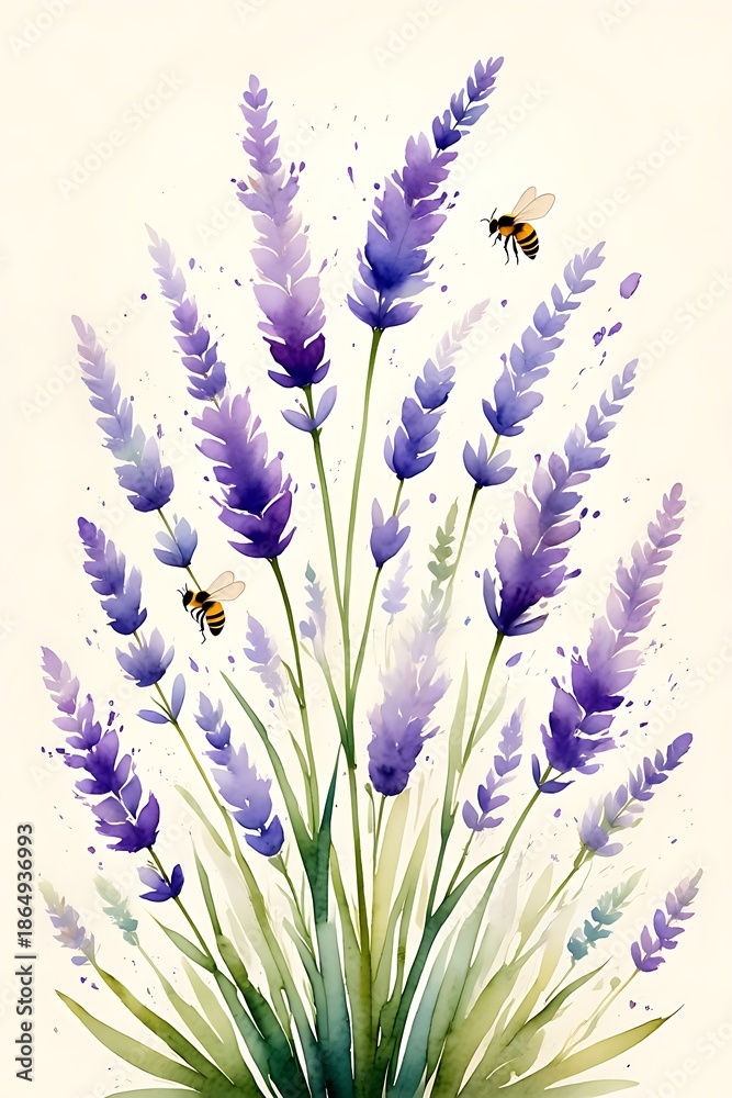 Naklejka premium Beautiful lavender flowers with bees in watercolor style