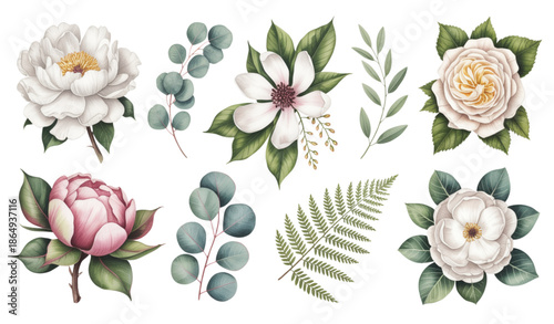 Luxury white floral watercolor wedding bouquet with peony hydrangea and eucalyptus