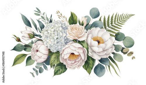 Romantic watercolor wedding flowers set with white peonies roses and eucalyptus