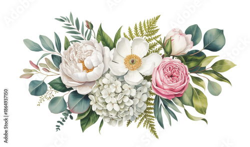 Elegant white floral watercolor wedding bouquet with peony rose and greenery