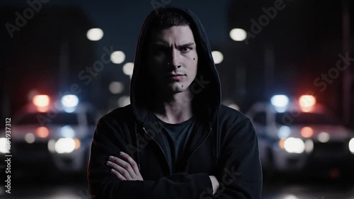 Man in hooded jacket stands before police vehicles