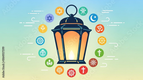 Lan Page Illustration with Religious Symbols around Lantern on Gradient Background