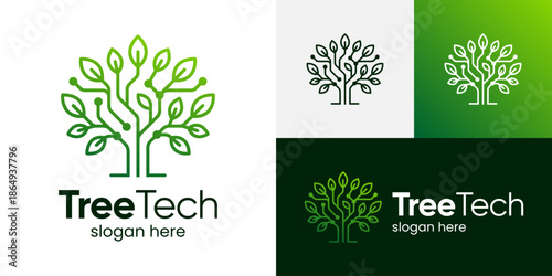 Creative tree tech logo design illustration. Inspiration vector symbol abstract tree with technology system connections design template