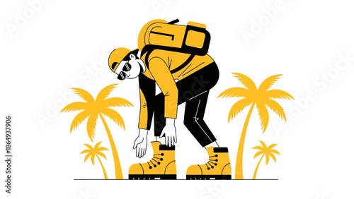 Traveler Tying Shoelaces On A Tropical Island With Backpack And Palm Trees