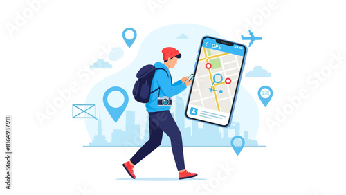 Traveler Using Navigation App on Mobile Phone for City Exploration