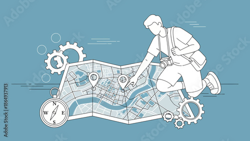 Traveler Using A Map With Gears And Compass To Plan A Trip Adventure