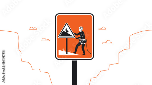 Warning Sign For Rock Climbing And Rappelling Activity On Canyon Landscape