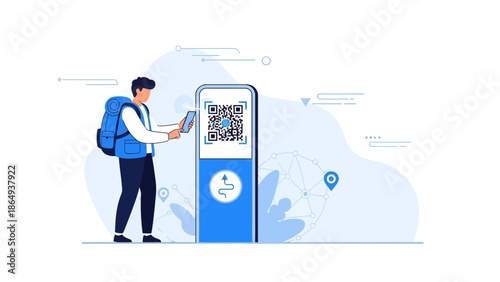 Traveler Using Mobile App To Scan A QR Code At Information Point