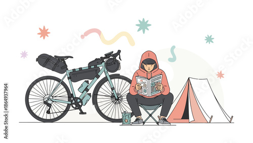 Traveling Cyclist Reads a Comic Book while Camping in the Wilderness