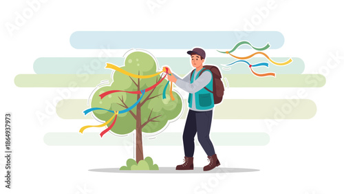 Traveler Visiting Wishes Tree In A Natural Outdoor Setting With Colorful Ribbons