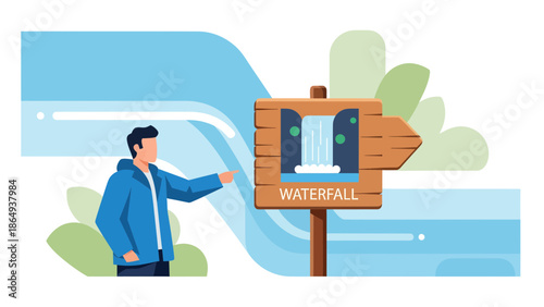 Waterfall Destination Awaits Man Pointing at Direction Sign in a Serene Setting