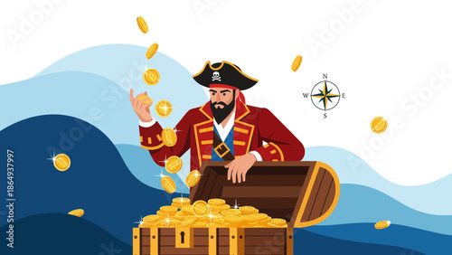 Treasure Island Adventure With Pirate And Gold Coins In Wooden Chest