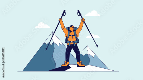 Triumphant Hiker Stands Atop Snowy Mountain Peak With Trekking Poles Upraised