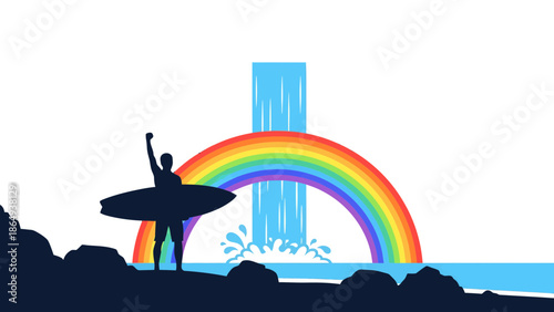 Triumphant Surfer Silhouette With Rainbow and Waterfall In Coastal Paradise
