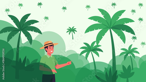 Tropical Expedition Illustration With Palm Trees And Explorer Character