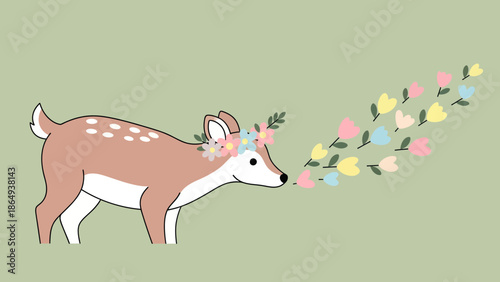 Whimsical Fawn With Floral Crown And Colorful Blooms Creating Cute Nature Illustration