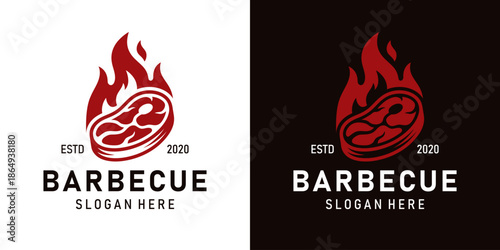 Vintage Barbecue logo design illustration. Inspiration vector symbol BBQ Grill. Steak beef with flame fire design template