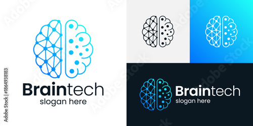 Creative brain tech logo design illustration. Inspiration vector symbol brain with abstract dot technology connection. Logo for science, learning, research, technology, human brain icon design