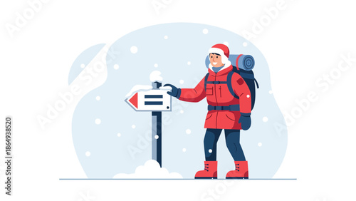 Winter Adventure Hiker Exploring Snowy Mountains Landscape With Backpack And Signpost