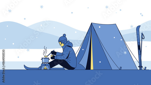 Winter Adventure Illustration of a Person Camping and Cooking in Snowy Mountains
