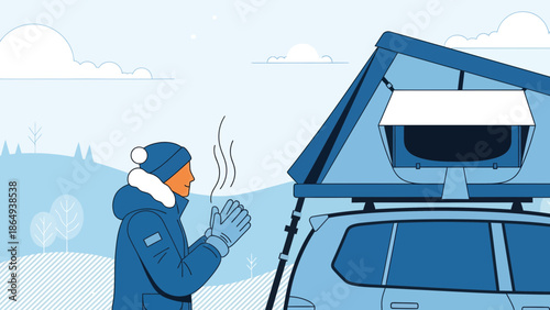 Winter Adventure Warming Hands By Vehicle Car Rooftop Tent In Snowy Landscape