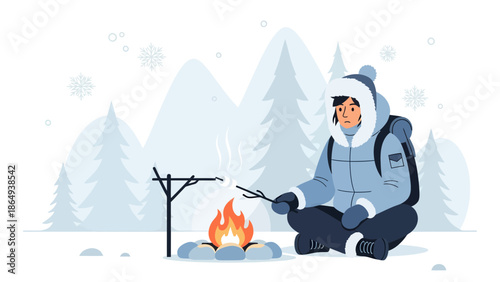 Winter Adventure Warmth A Girl Roasting Marshmallows By Campfire In Snowy Wilderness
