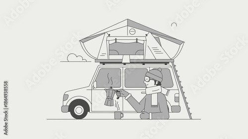 Winter Adventure With Rooftop Tent And Coffee Break For Outdoor Enthusiasts