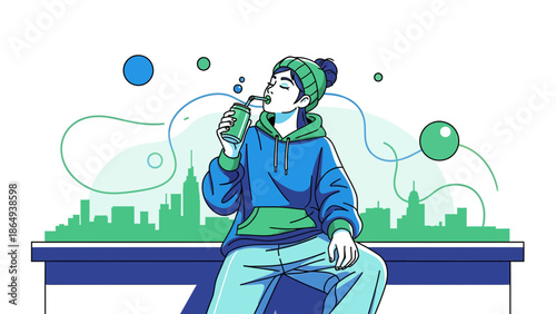 Urban Outing Girl Enjoying Soda Beverage With Cityscape Backdrop On Hot Summer