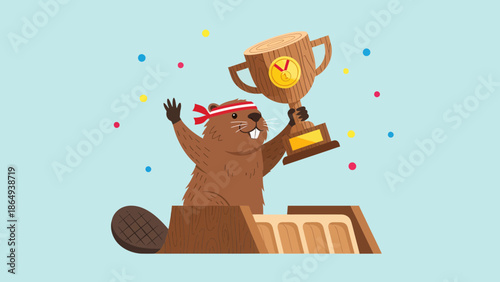 Victorious Beaver Celebrates Triumph with Trophy Standing Proudly on a Wooden Dam