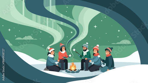 Winter Friends Gathering Around Bonfire Under Aurora Borealis Illustration