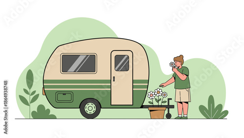 Vintage Camper Van Amidst Floral Bliss And Serene Outdoor Living