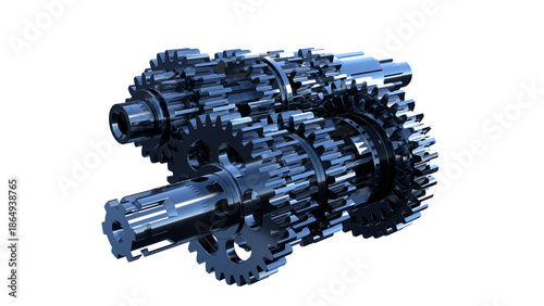 Mechanical gear system, steel transmission gears assembly on white background, 3 D rendering