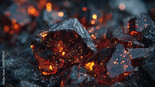 Glowing embers embedded within dark, coarse material, creating a textural, fiery spectacle of light and shadow