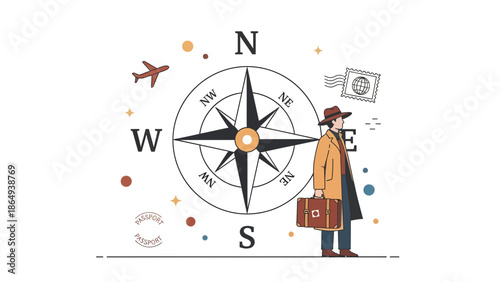 Vintage Travel Adventure Vector Illustration Of A Man With Suitcase And Compass