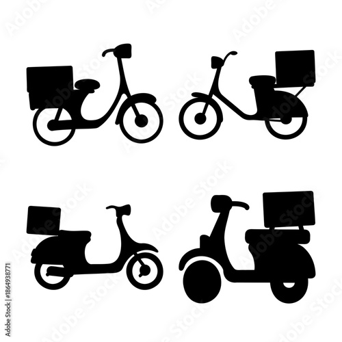 Various delivery bicycles and scooters with cargo boxes in black silhouette form