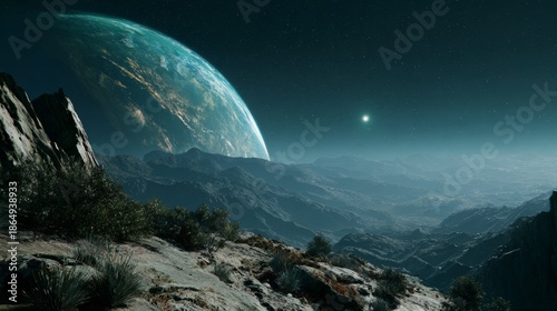 A vast, rocky terrain on an alien planet is observed under a dark sky with a distant, vibrant planet and a bright star