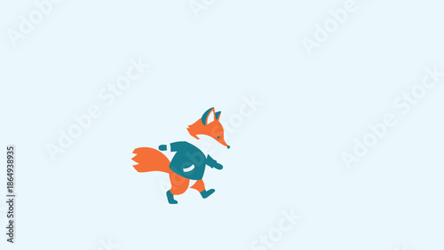 Walking Fox Character With Blue Suit Illustration On Plain Light Blue Background