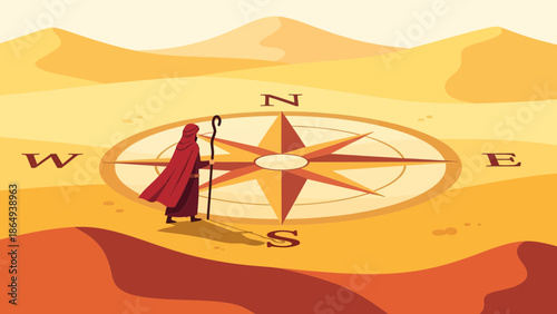 Wanderer Guided By Compass On A Yellowish Desert Landscape Illustration