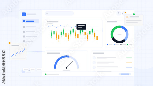 Data visualization tool displays charts and graphs for analysis of market trends and statistics in a digital workspace setup