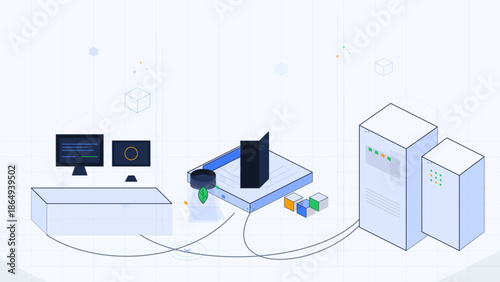 Workstation setup with computer, monitor, server, and virtual reality device during daytime